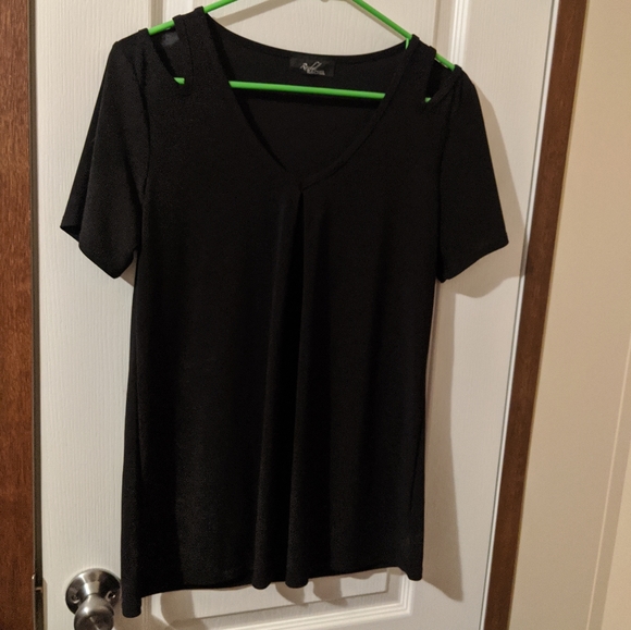 SALE Rachel Rachel Black short Sleeve Blouse Top Shirt Open Shoulder Large - Picture 1 of 6
